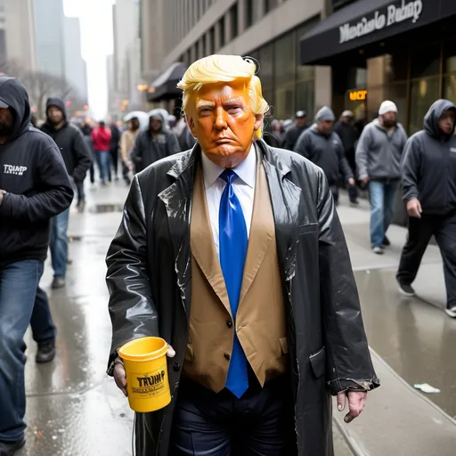 Prompt: Donald Trump dressed as a homeless person