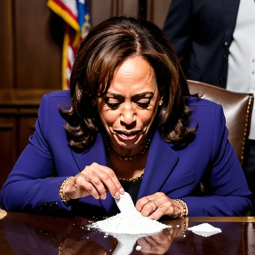 Prompt: Kamala Harris snorting lines cocaine off a table