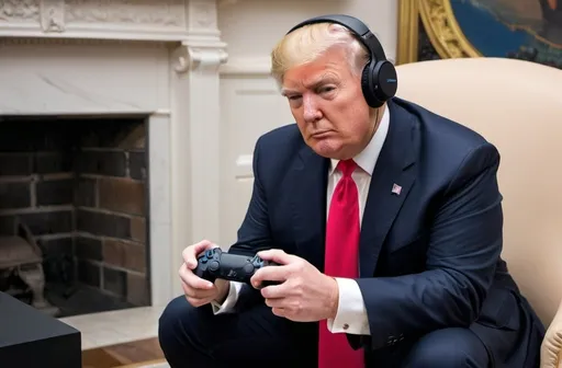 Prompt: Donald Trump playing PS5 with headset on