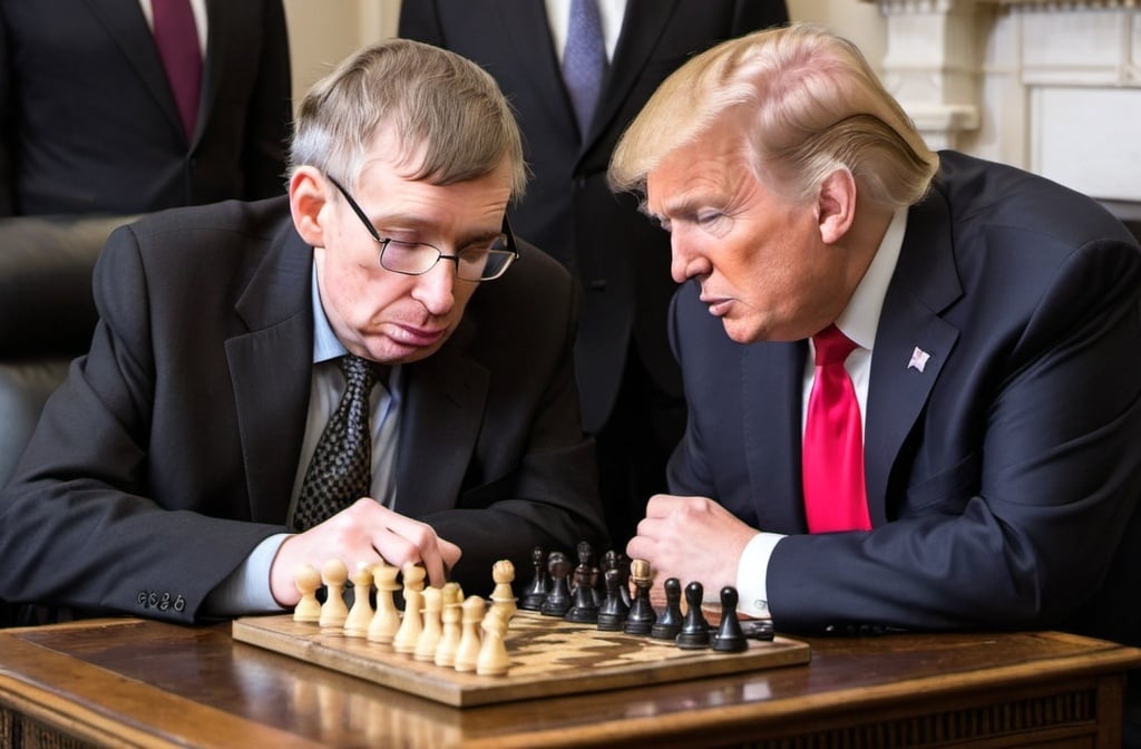 Prompt: Donald Trump playing chess with Stephen Hawking