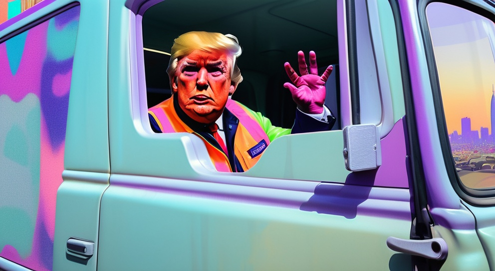 Prompt: (man in safety vest looking out the window of a truck while on LSD), (Donald J Trump), (pop art style), (VFX enhancement), pop art, expressive pose, trippy colors, dynamic lighting, cityscape background, ambiance full of anticipation, high-quality representation.