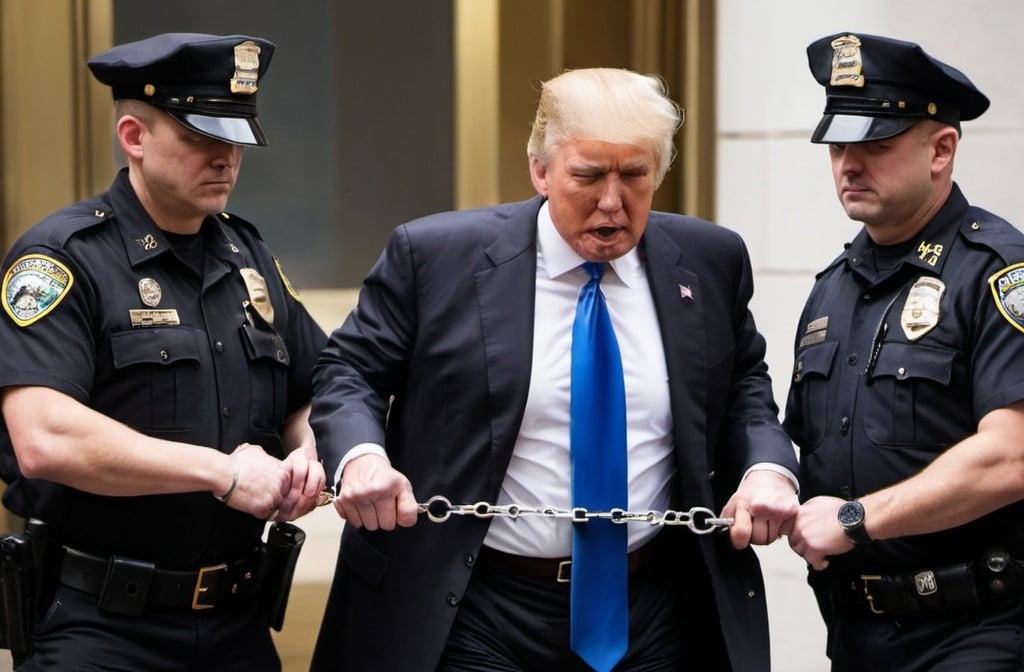 Prompt: Donald Trump in handcuffs by police