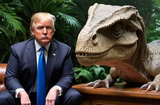 Prompt: Donald Trump sitting with dinosaurs