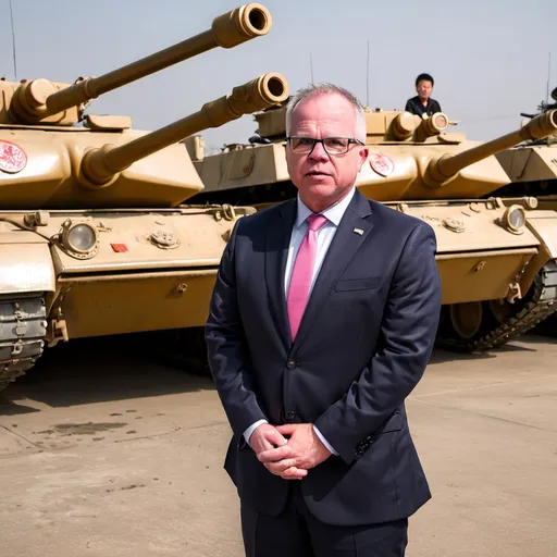 Prompt: Tim Walz standing in front of Chinese Tanks