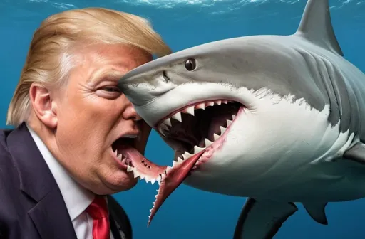 Prompt: Donald Trump being eaten by shark