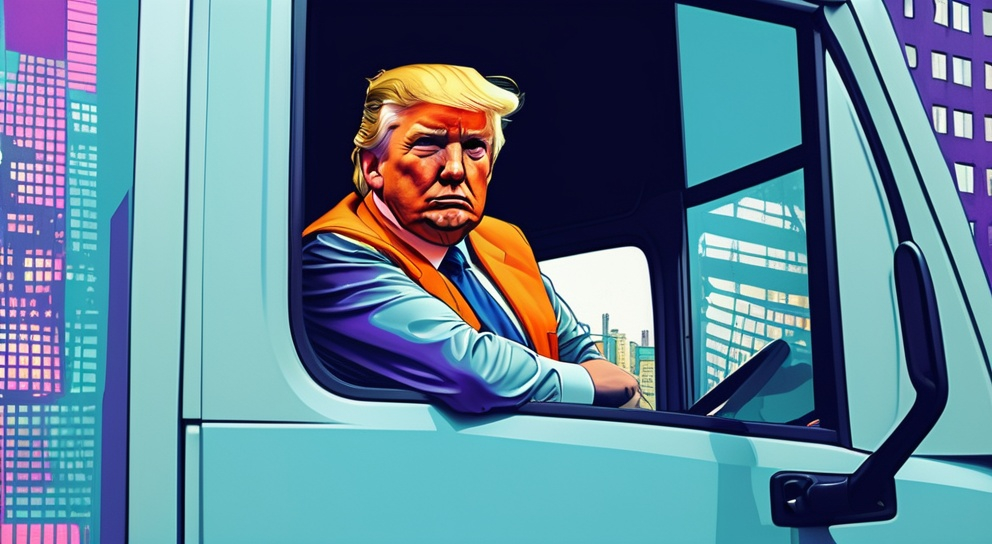 Prompt: (man in safety vest looking out the window of a truck), (Donald J Trump), (pop art style), (VFX enhancement), pop art, expressive pose, trippy colors, dynamic lighting, cityscape background, ambiance full of anticipation, high-quality representation.