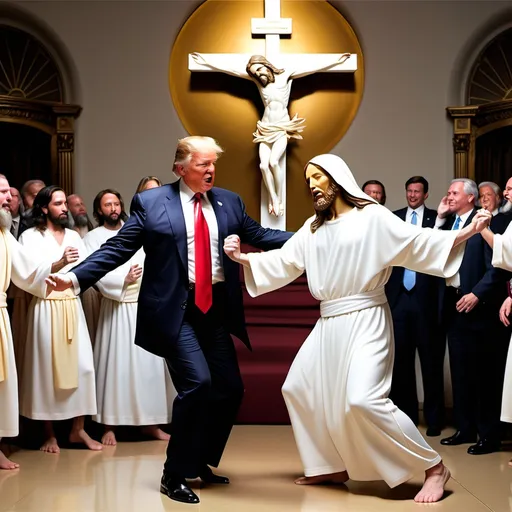 Prompt: Donald Trump dancing with jesus