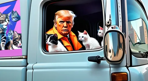 Prompt: (man in safety vest looking out the window of a truck with a litter of kittens), (Donald J Trump), (pop art style), (VFX enhancement), pop art, expressive pose, trippy colors, dynamic lighting, cityscape background, ambiance full of anticipation, high-quality representation.