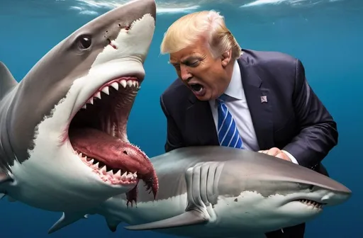 Prompt: Donald Trump being eaten by shark