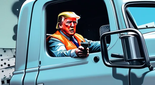 Prompt: (man in safety vest looking out the window of a truck while aiming a gun), (Donald J Trump), (pop art style), (VFX enhancement), pop art, expressive pose, trippy colors, dynamic lighting, cityscape background, ambiance full of anticipation, high-quality representation.