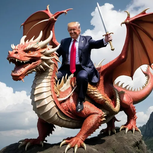 Prompt: Donald Trump Riding A dragon with swords