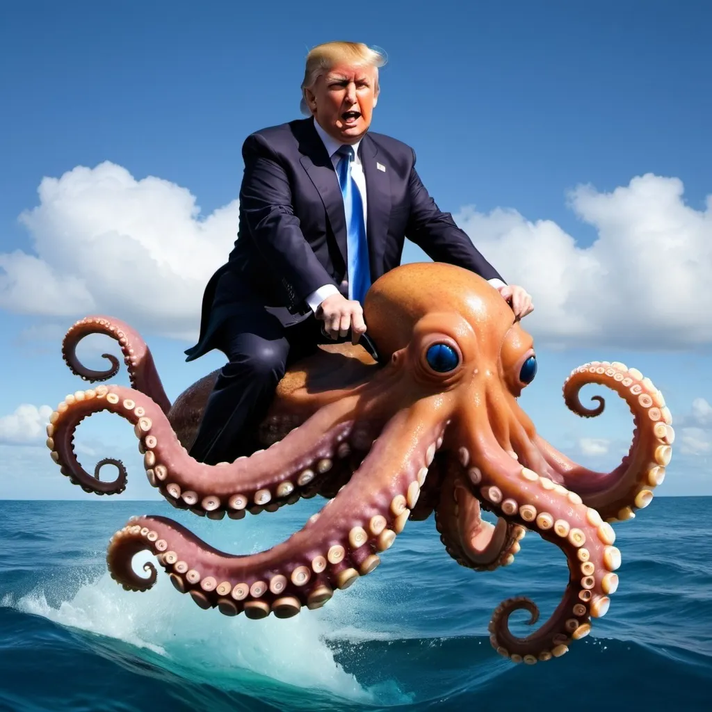 Prompt: Donald Trump riding an octopus in the ocean