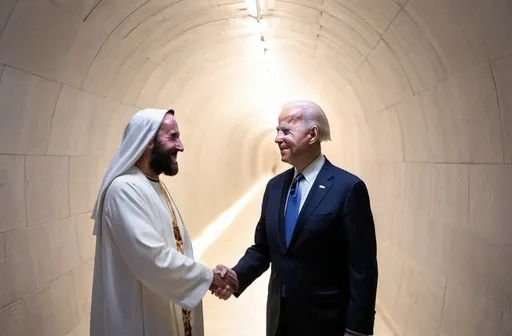 Prompt: Joe Biden shaking hands with Jesus in a tunnel of light