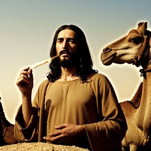 Prompt: Jesus smoking camels