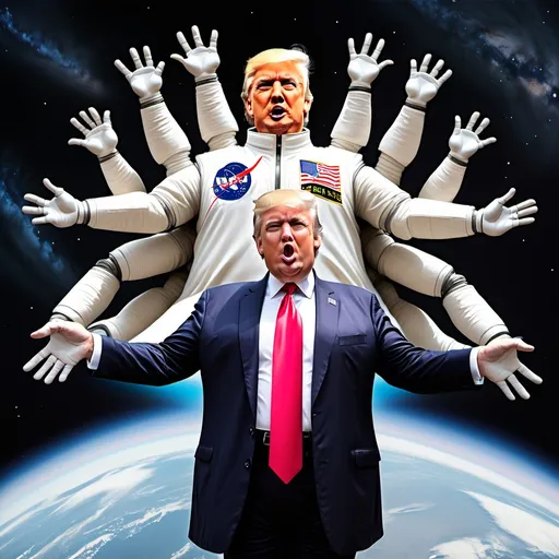 Prompt: Donald Trump with 6 arms ascending into space