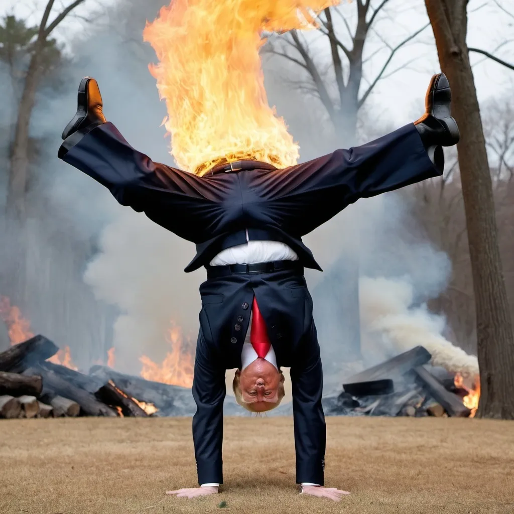 Prompt: Donald Trump doing a handstand by fire