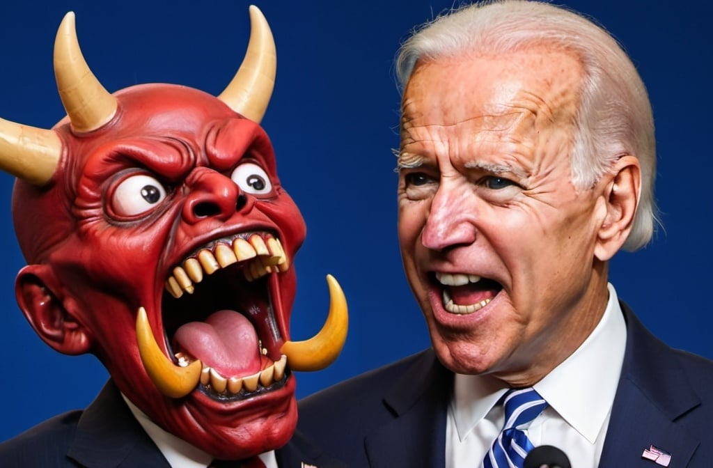 Prompt: Joe Biden screaming while devil pokes him with pitchfork