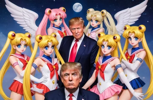 Prompt: Donald Trump surrounded by Sailor Moon Girls