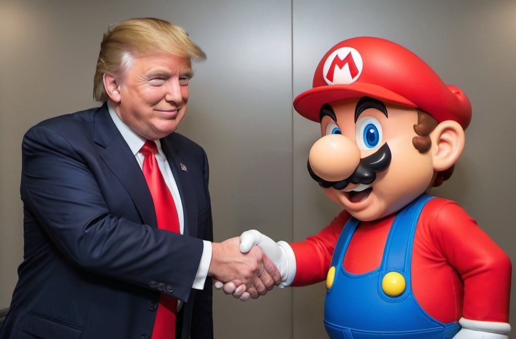 Prompt: Donald Trump shaking hands with Super Mario