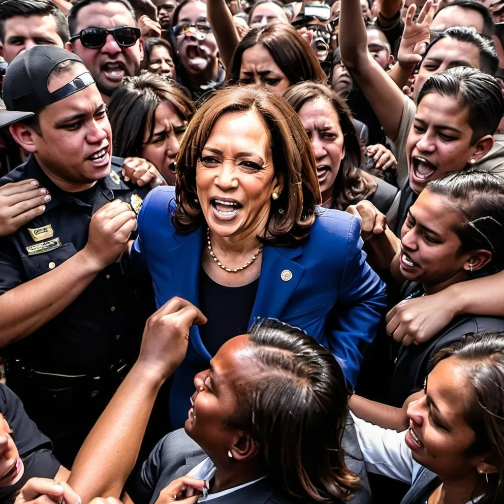 Prompt: Kamala Harris in mosh pit with Migrants