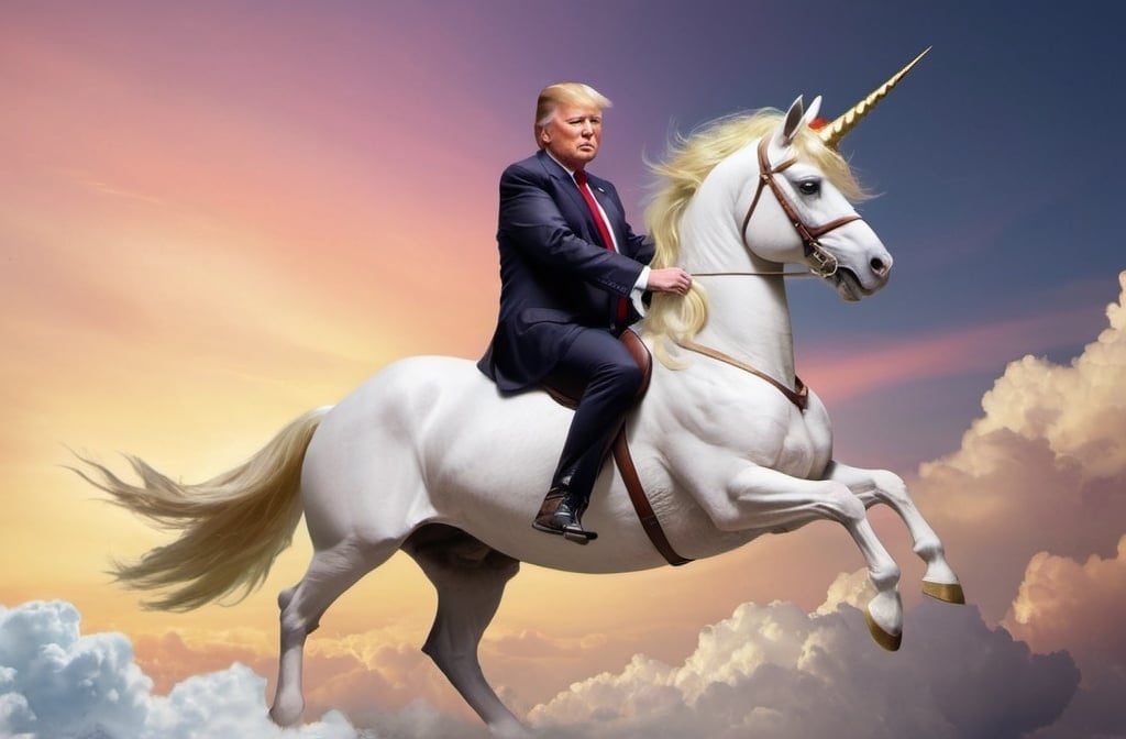 Prompt: Donald Trump riding a unicorn