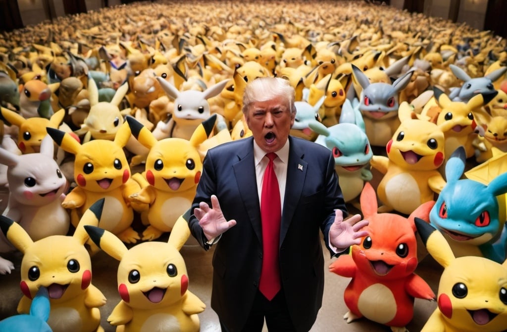 Prompt: Donald Trump surrounded by Pokémon