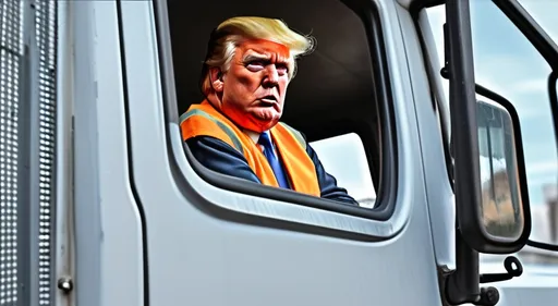 Prompt: (man in safety vest looking out the window of a truck), (Donald J Trump), (art brut style), (VFX enhancement), colorized photo, detailed facial features, expressive pose, vibrant colors, dynamic lighting, cityscape background, ambiance full of anticipation, high-quality representation, ultra-detailed, cinematic depth.