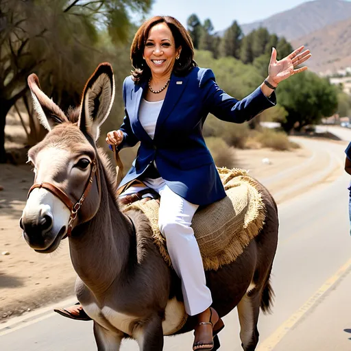 Prompt: Kamala Harris riding a donkey