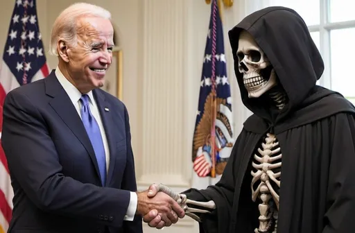 Prompt: Joe Biden shaking hands with Grim Reaper