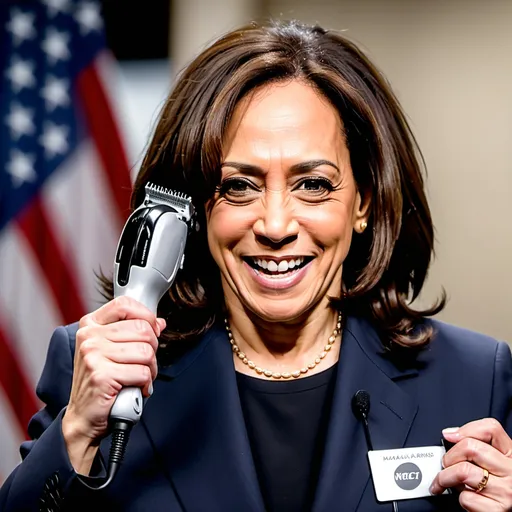 Prompt: Kamala Harris shaving her head with electric clippers