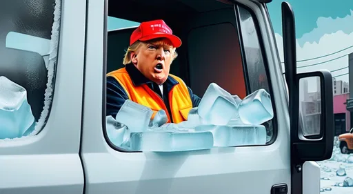 Prompt: (man in safety vest covered in ice looking out the window of a truck), (Donald J Trump), (pop art style), (VFX enhancement), pop art, expressive pose, trippy colors, dynamic lighting, cityscape background, ambiance full of anticipation, high-quality representation.