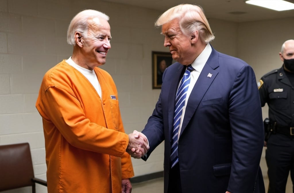 Prompt: Joe Biden shaking hand with Donald Trump dressed in prison outfit