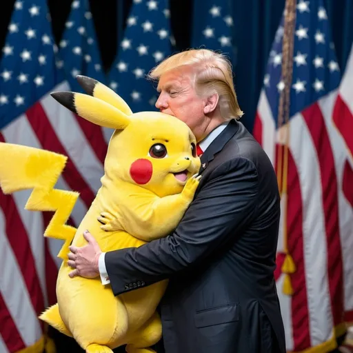Prompt: Trump hugging Pikachu

