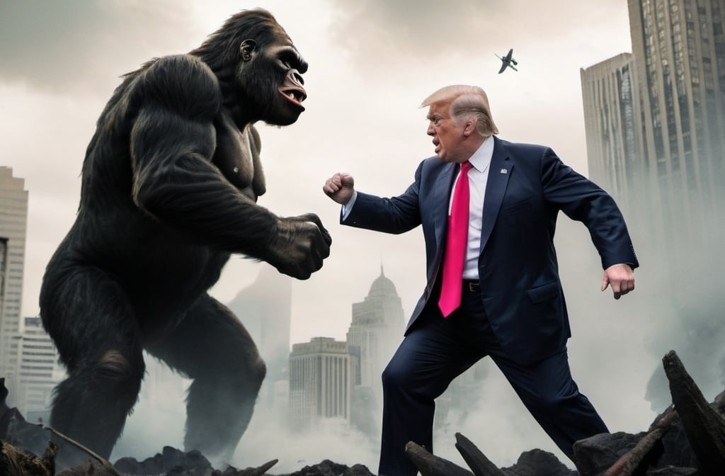 Prompt: Donald Trump fighting king kong