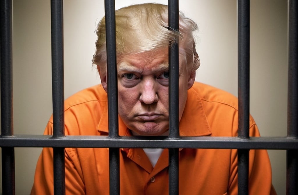 Prompt: Donald Trump in prison outfit behind bars