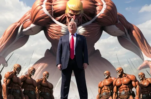 Prompt: Donald Trump surrounded by Attack on Titan Titans