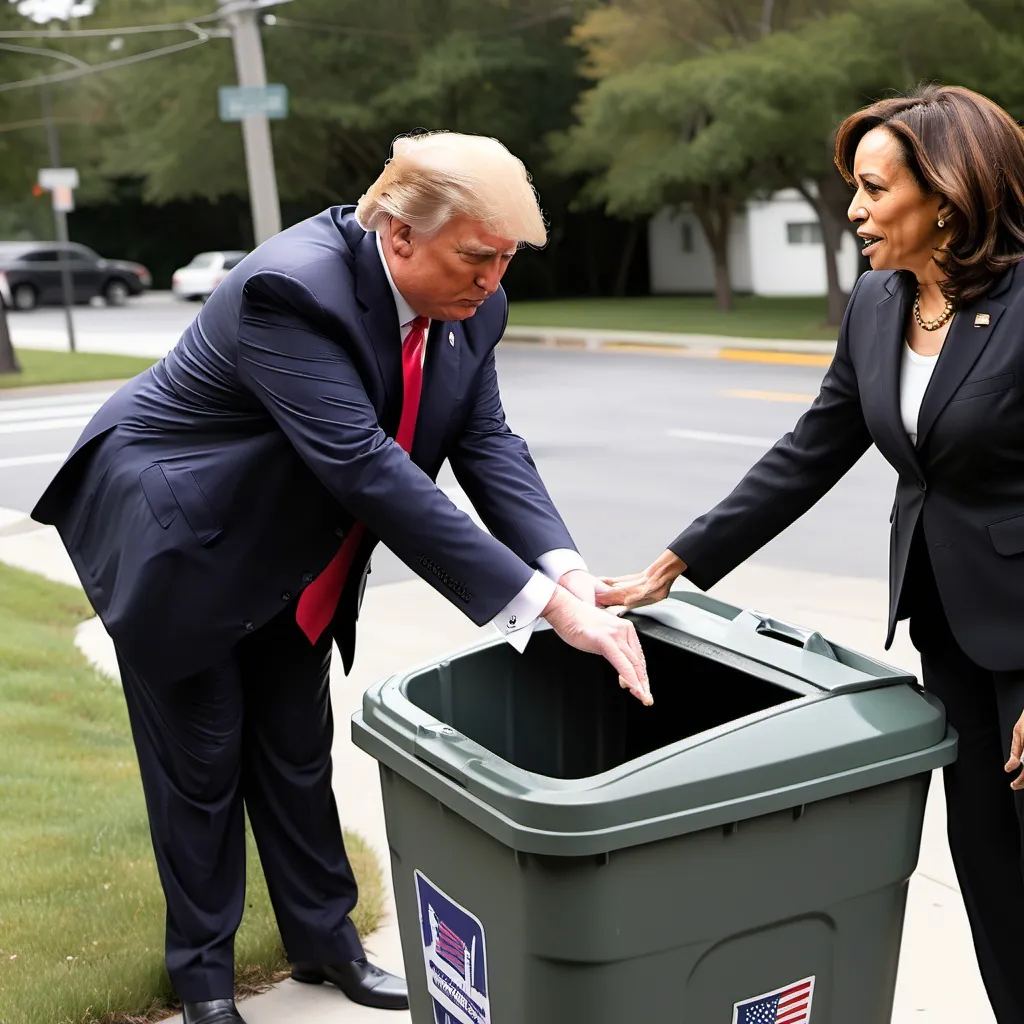 Prompt: Donald Trump finding Kamala Harris in garbage can