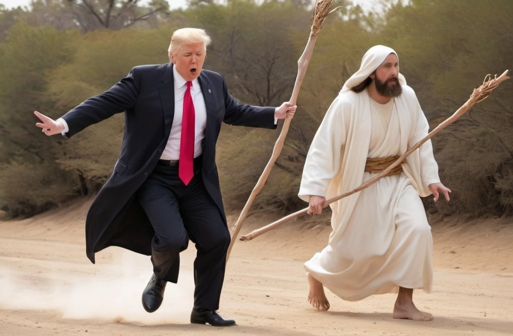 Prompt: Donald Trump chasing Jesus with a stick
