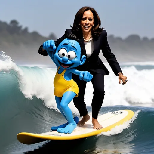 Prompt: Kamala Harris surfing with Smurfs