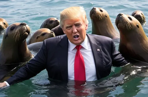 Prompt: Donald Trump swimming with sea lions