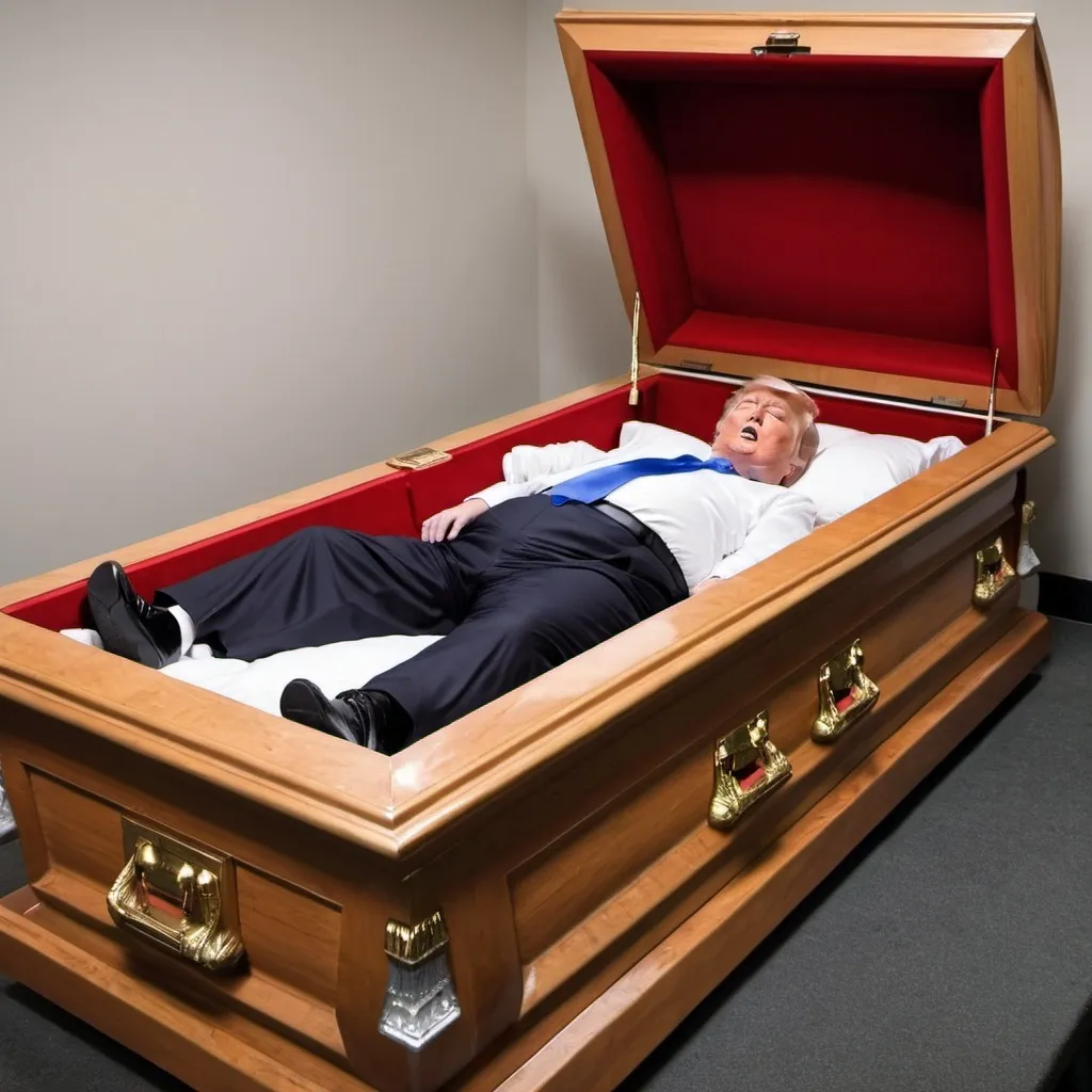 Prompt: donald trump sleep in a coffin