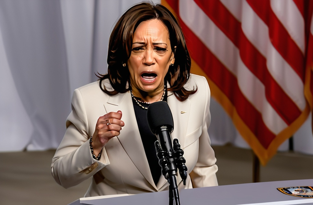 Prompt: Kamala Harris in a suit crying tears into a microphone in front of a white flag of defeat, Bourgeois, private press, clear focus, a hologram