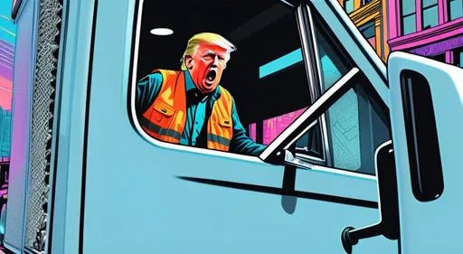 Prompt: (man in safety vest looking out the window of a truck while on DMT), (Donald J Trump), (pop art style), (VFX enhancement), pop art, expressive pose, trippy colors, dynamic lighting, cityscape background, ambiance full of anticipation, high-quality representation.