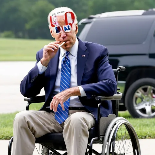 Prompt: Joe Biden in wheelchair smoking