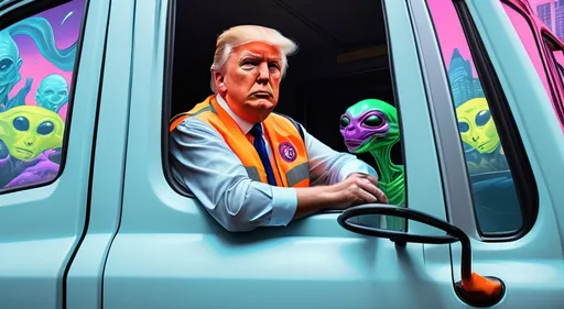 Prompt: (man in safety vest looking out the window of a truck with Alien as passenger), (Donald J Trump), (pop art style), (VFX enhancement), pop art, expressive pose, trippy colors, dynamic lighting, cityscape background, ambiance full of anticipation, high-quality representation.