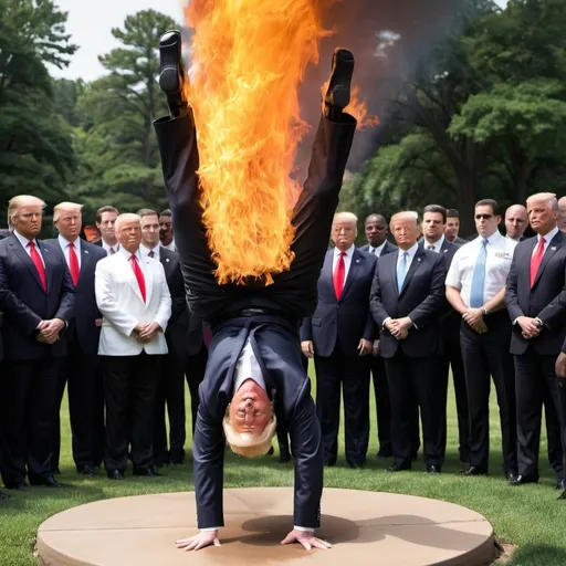 Prompt: Donald Trump doing a handstand by fire