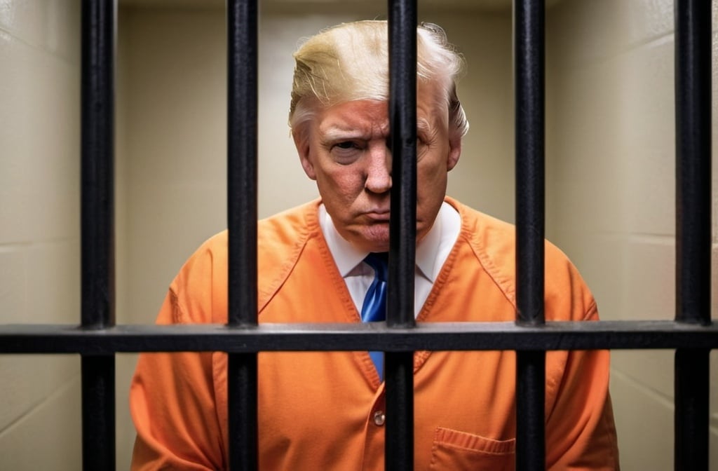 Prompt: Donald Trump in prison outfit behind bars