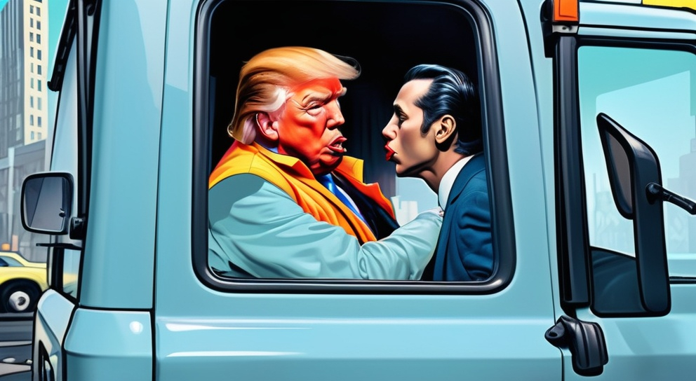 Prompt: (man in safety vest looking out the window of a truck while kissing devil), (Donald J Trump), (pop art style), (VFX enhancement), pop art, expressive pose, trippy colors, dynamic lighting, cityscape background, ambiance full of anticipation, high-quality representation.