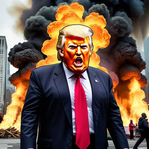 Prompt: Giant Donald Trump raging in city with fire breathe