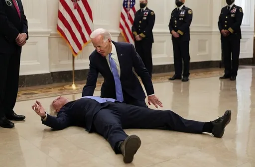 Prompt: Joe Biden laying on ground in a hall